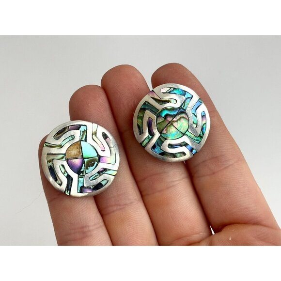 Abalone Geometric Modernist Taxco Sterling Silver Mexican Made Southwest Studs - Picture 9 of 9